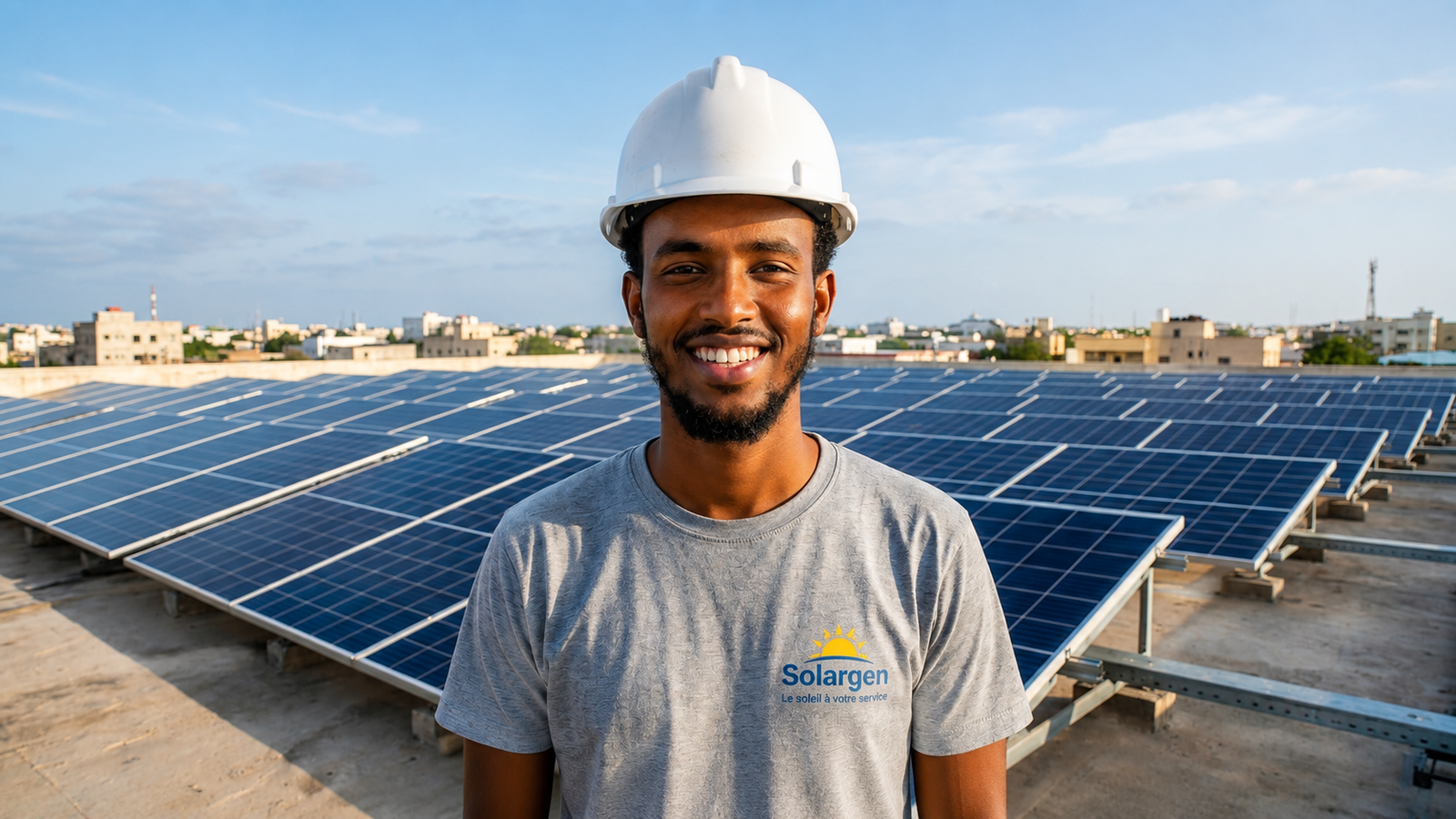 Technicien SOLARGEN devant une centrale solaire à Djibouti